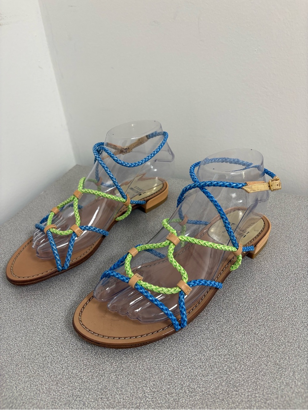 Stuart Weitzman Braided Rope Lace-Up Flat Gladiator Sandals (Blue/Lime Green)